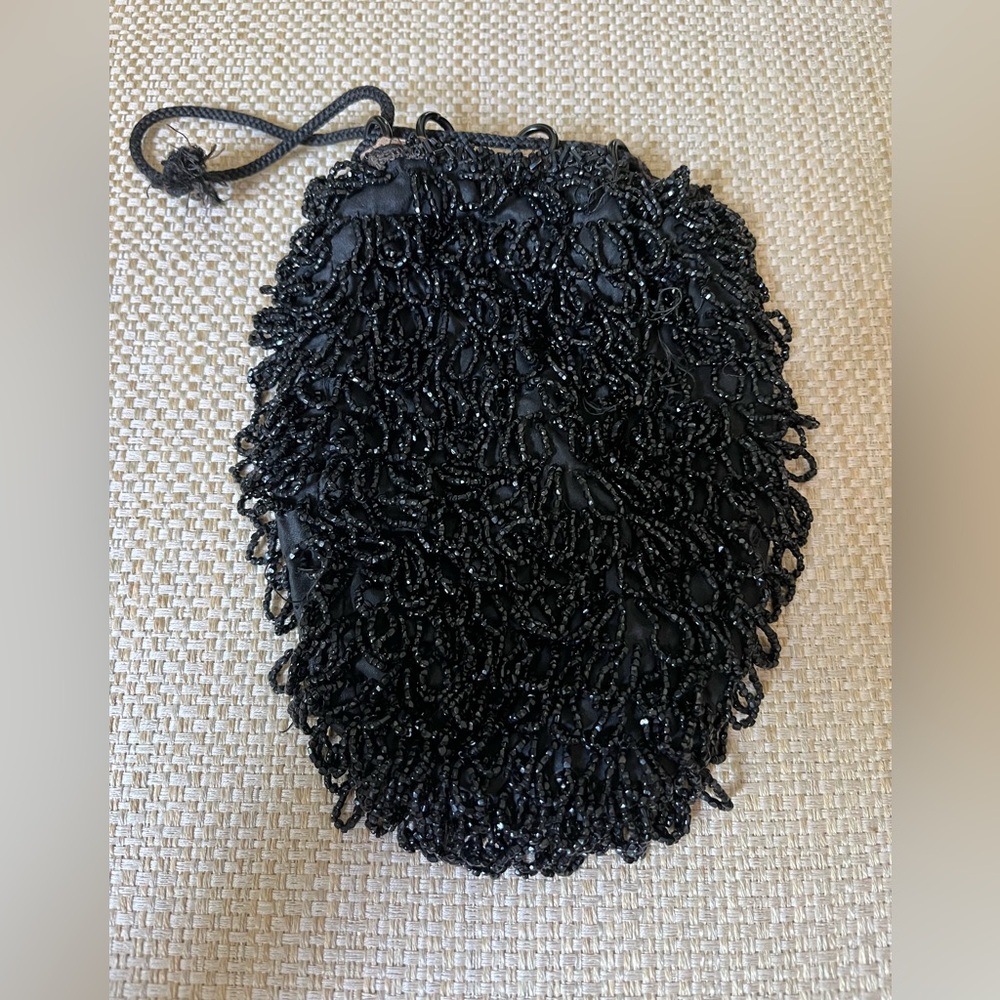 Flapper Style Fringed Bead Pouch Black Seed Beads Drawstring Top